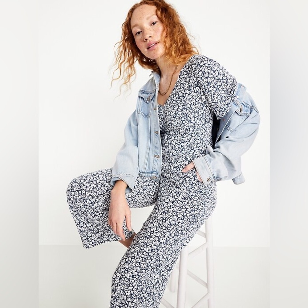 Blue and White Waist-Defined Puff-Sleeve Jumpsuit old navy